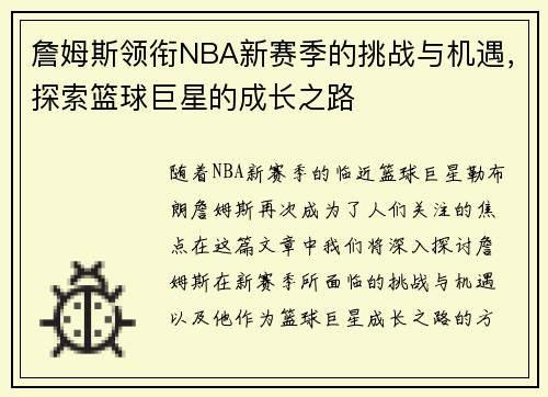 詹姆斯领衔NBA新赛季的挑战与机遇，探索篮球巨星的成长之路